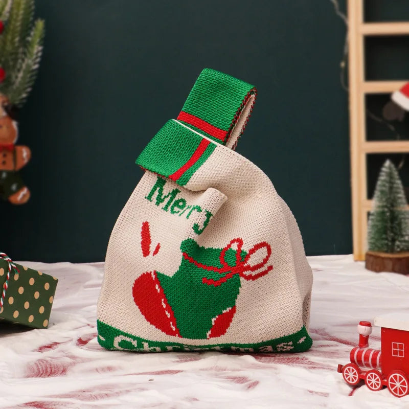 Christmas Knitted Handbags Cartoon Candy Bag Lightweight Gift Tote Bags Fashionable Knitted Pouch Xmas New Year Party Gift Bags