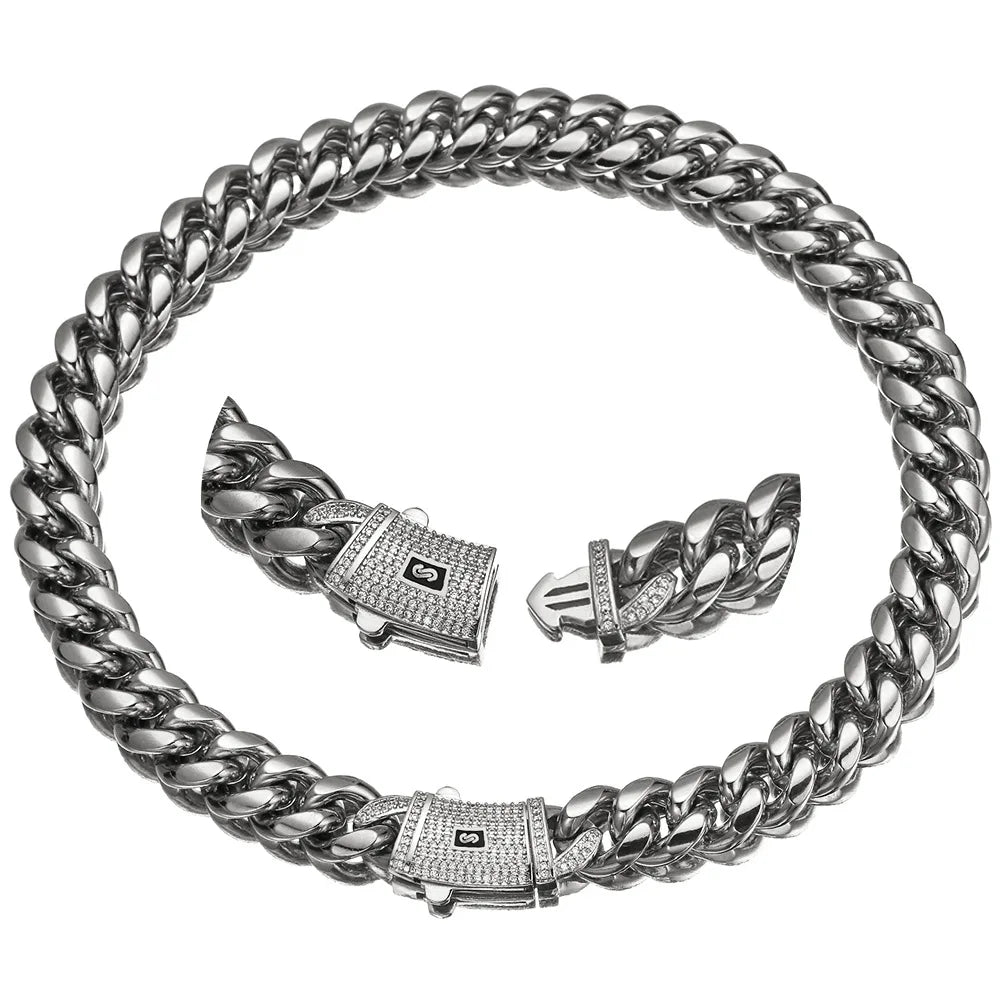 Cuban Miami Chains Necklaces CZ Zircon 6-14mm Gold Silver Color Stainless Steel Box Lock Link Chain for Men Hip Hop Rock jewelry