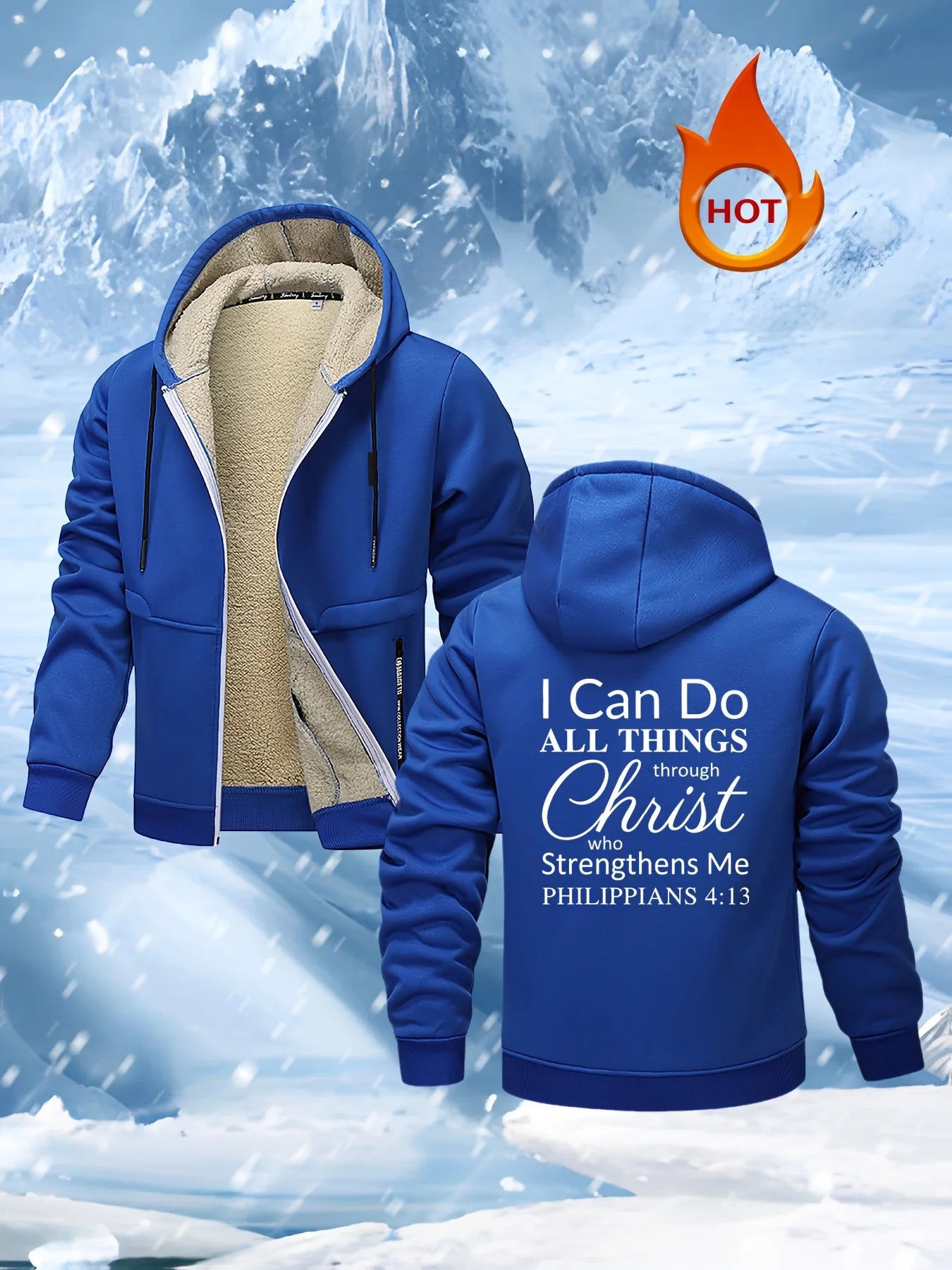 Men's Inspirational Fleece-Lined Hooded Sweatshirt Jacket Casual Polyester Knit Fabric Fit With Printed Motivational Quote