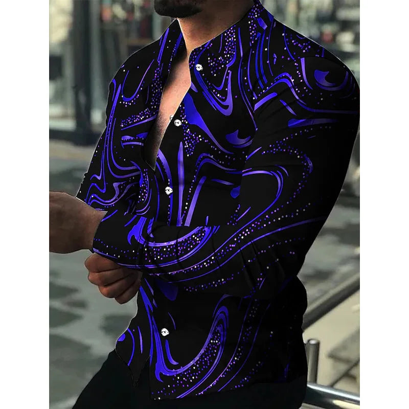Hawaiian Shirts Luxury Golden Graphic Shirts Men Fashion Shirt Long Sleeve Cuba Lapel Beach Blouse Men Clothing Turn Over
