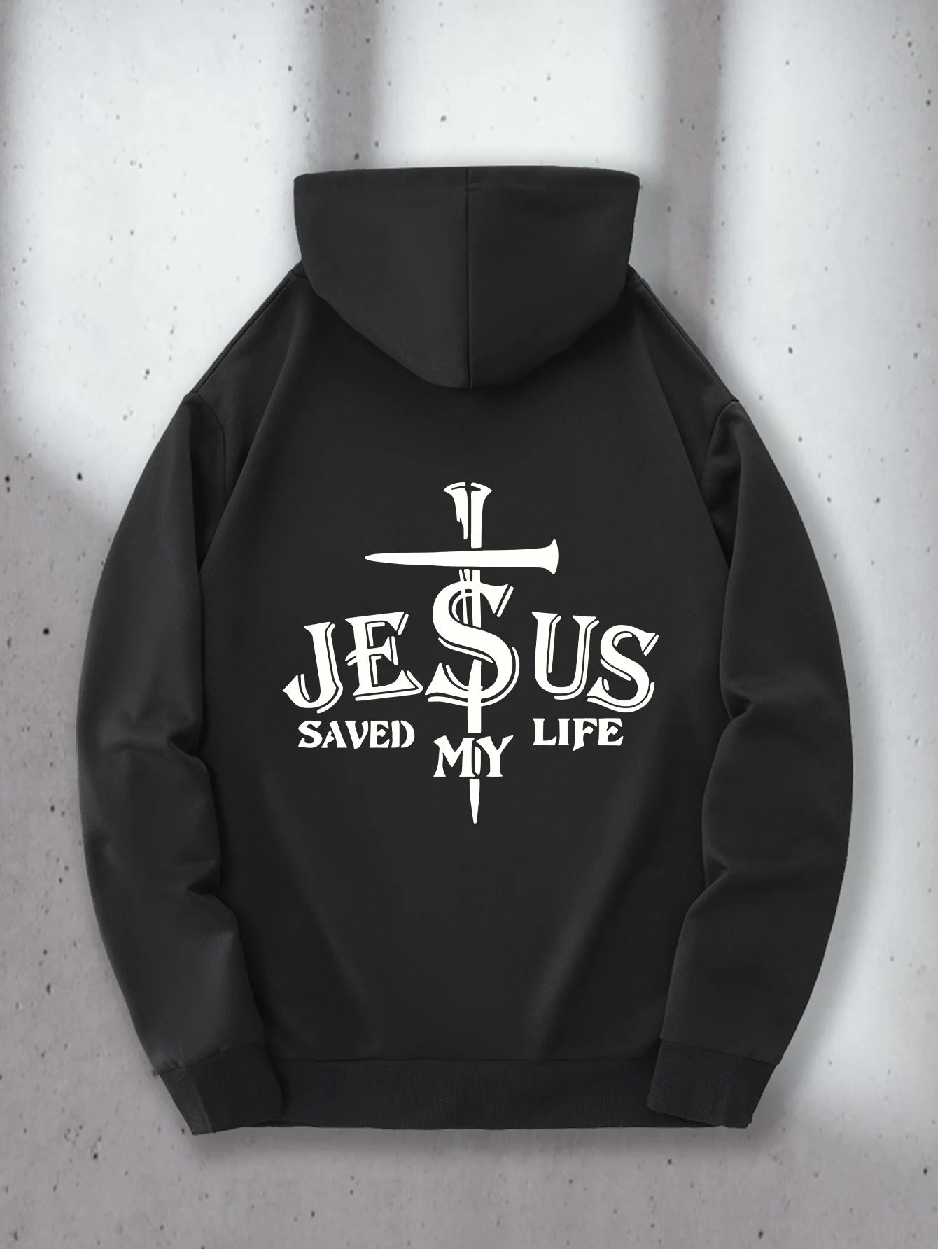 Men's Black Casual Hoodie, Striking "JESUS Saved My Life" Cross Print - Kangaroo Pocket Design, Regular Version, Front
