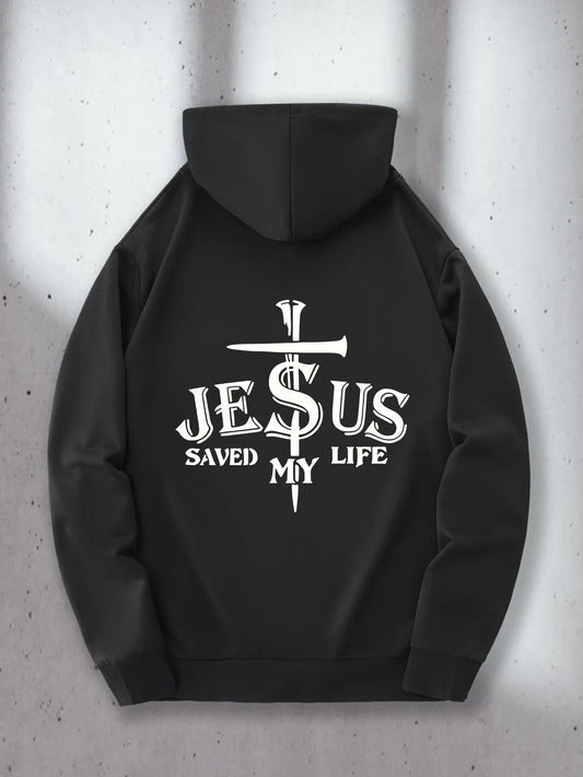 Men's Black Casual Hoodie, Striking "JESUS Saved My Life" Cross Print - Kangaroo Pocket Design, Regular Version, Front