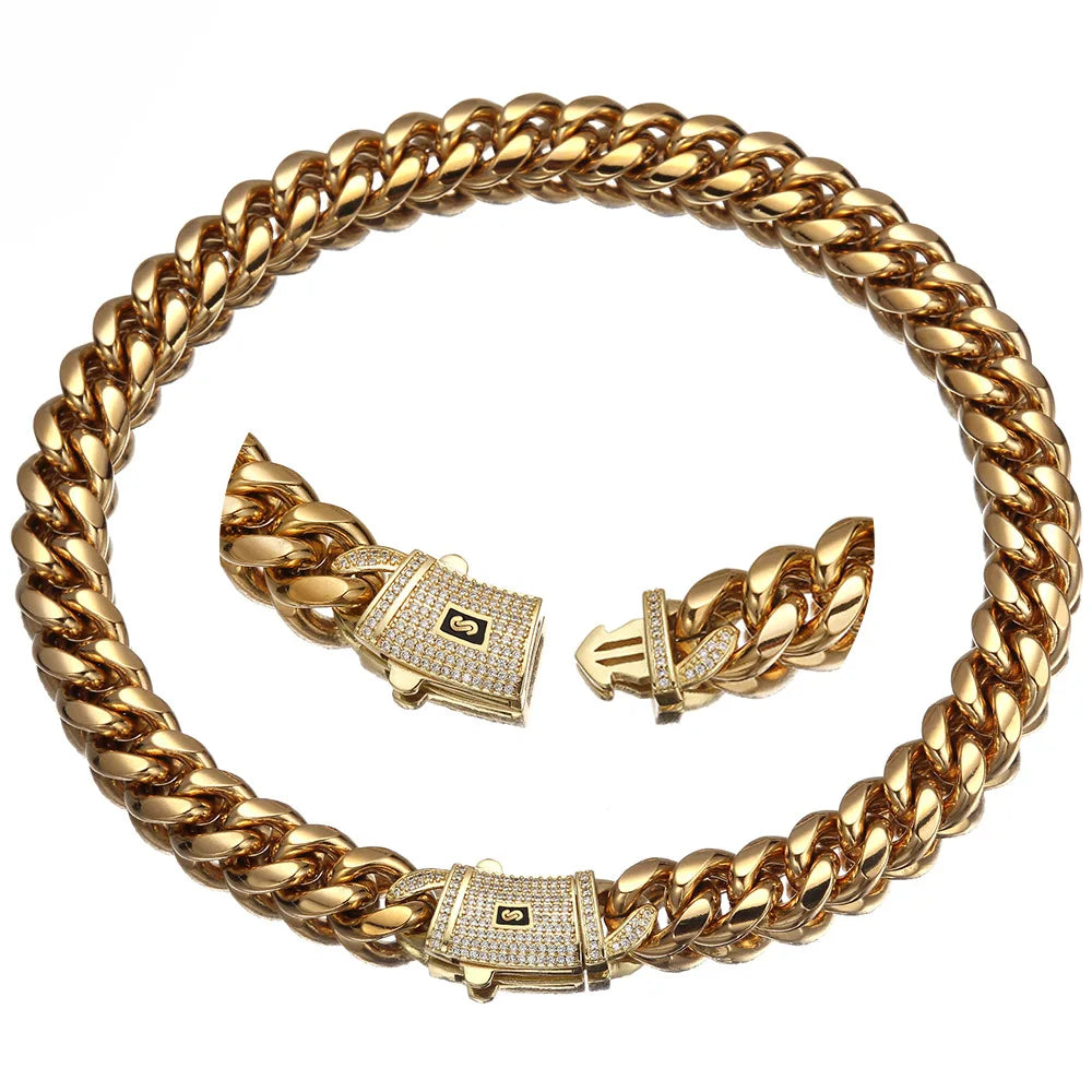 Cuban Miami Chains Necklaces CZ Zircon 6-14mm Gold Silver Color Stainless Steel Box Lock Link Chain for Men Hip Hop Rock jewelry