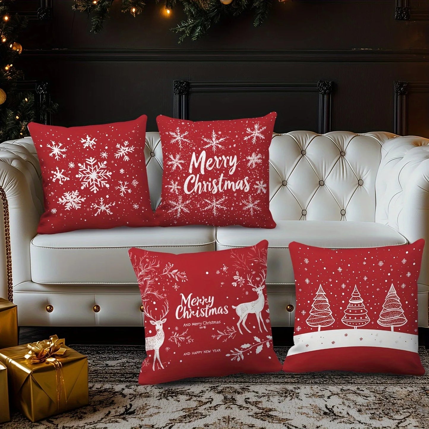 Red Christmas Pillowcases: Snowflakes, Merry Christmas, Deer & Trees - Festive Decor Sofa bed cushion cover,home decoration