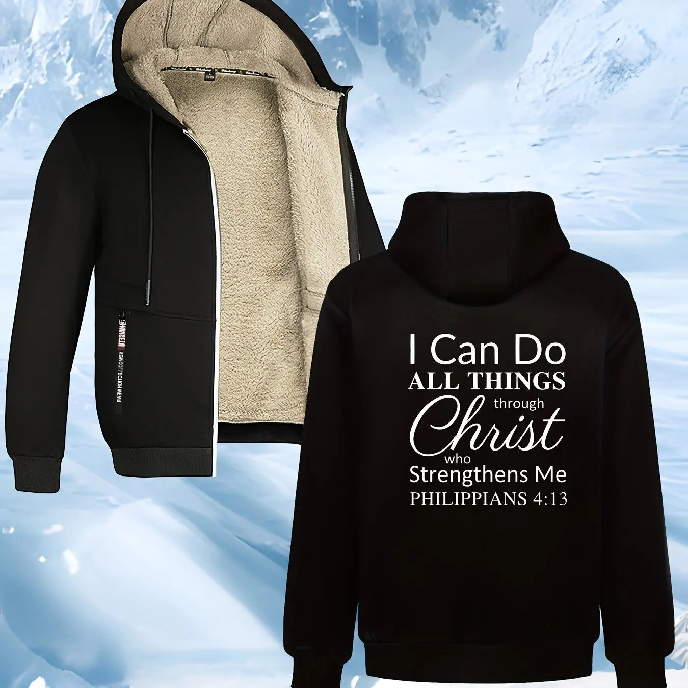 Men's Inspirational Fleece-Lined Hooded Sweatshirt Jacket Casual Polyester Knit Fabric Fit With Printed Motivational Quote