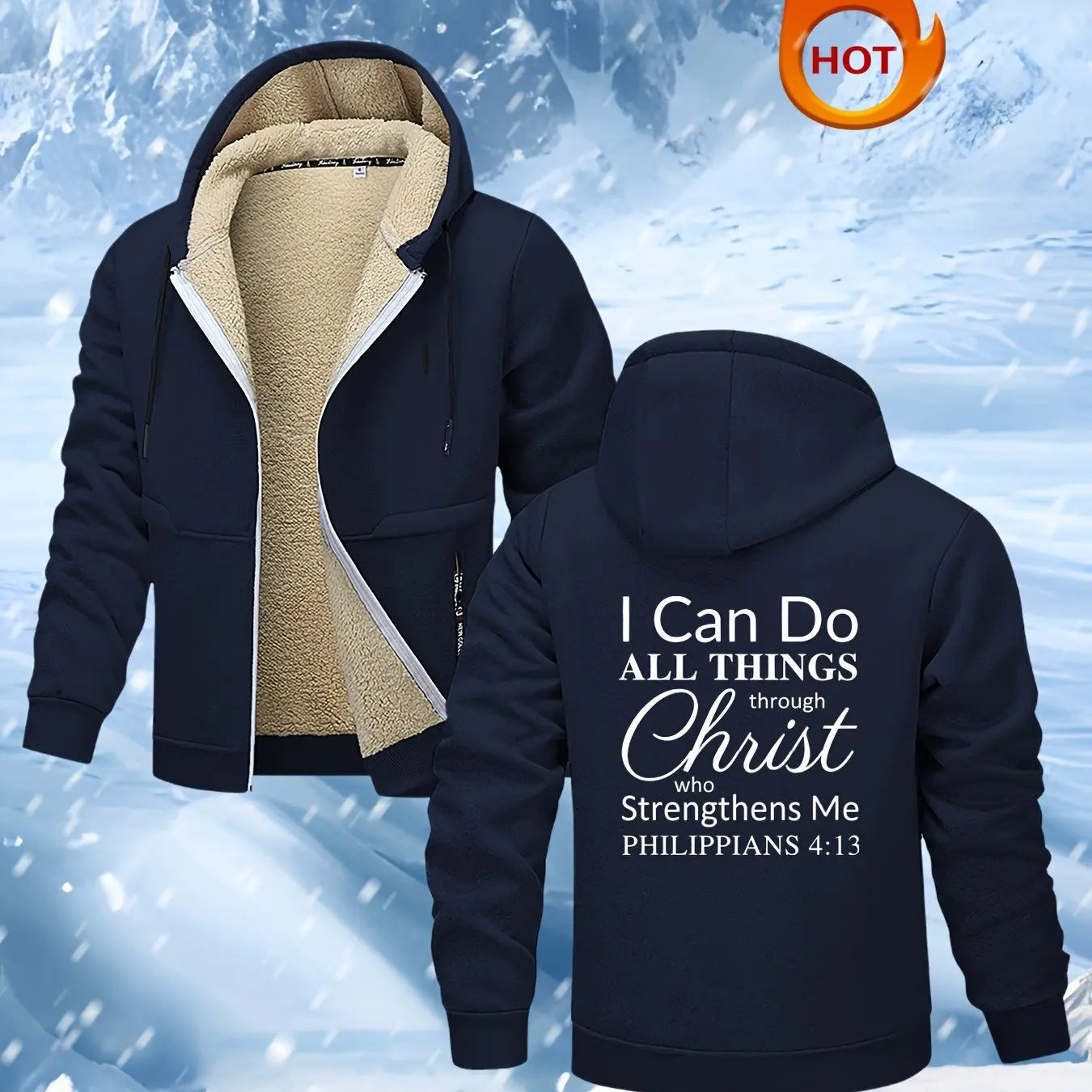 Men's Inspirational Fleece-Lined Hooded Sweatshirt Jacket Casual Polyester Knit Fabric Fit With Printed Motivational Quote