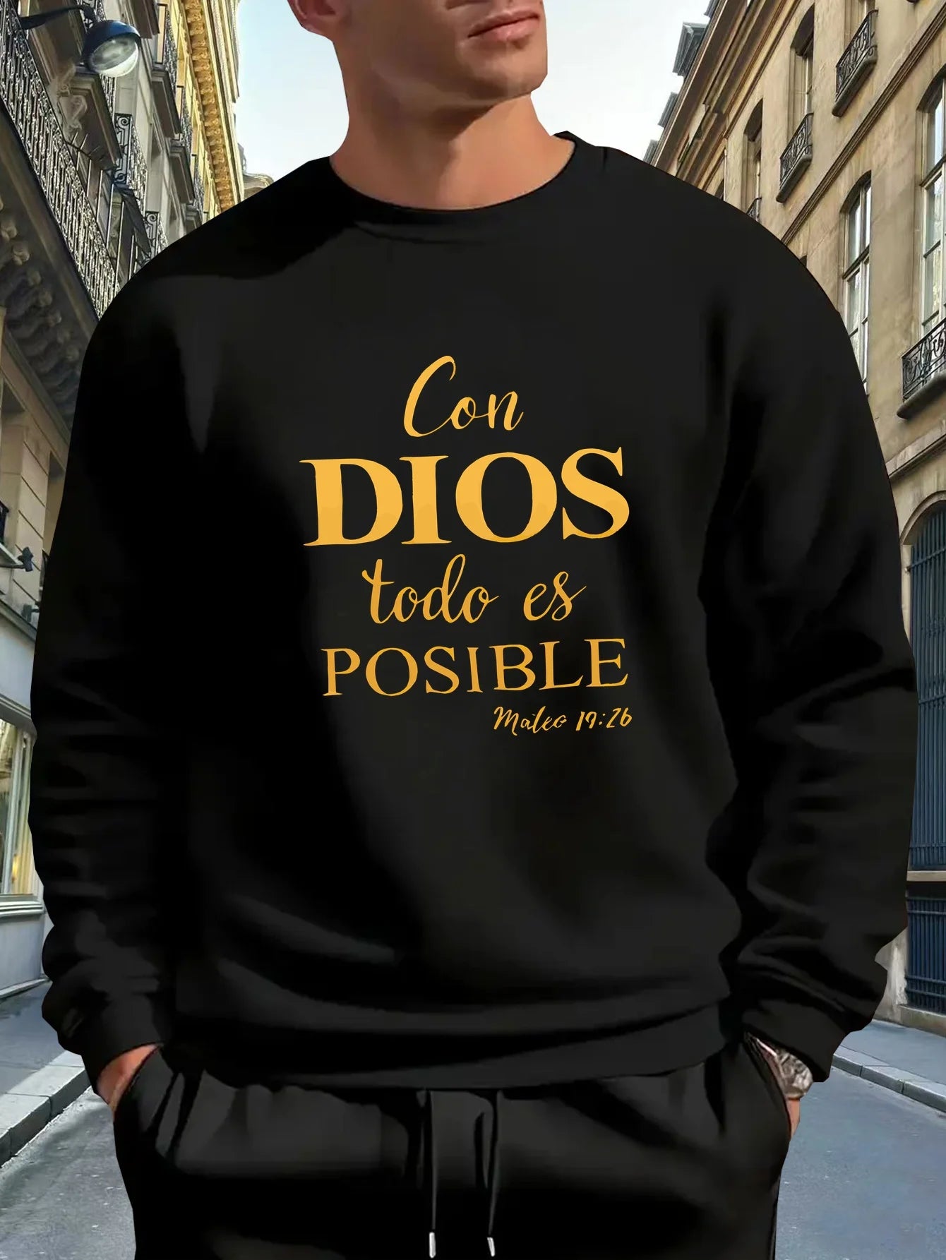 Men's Spanish Christian Faith Hoodie - Green with Gold Letters and Matthew 19:26 Bible Verse Print, Loose Casual Pullover