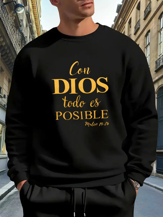 Men's Spanish Christian Faith Hoodie - Green with Gold Letters and Matthew 19:26 Bible Verse Print, Loose Casual Pullover