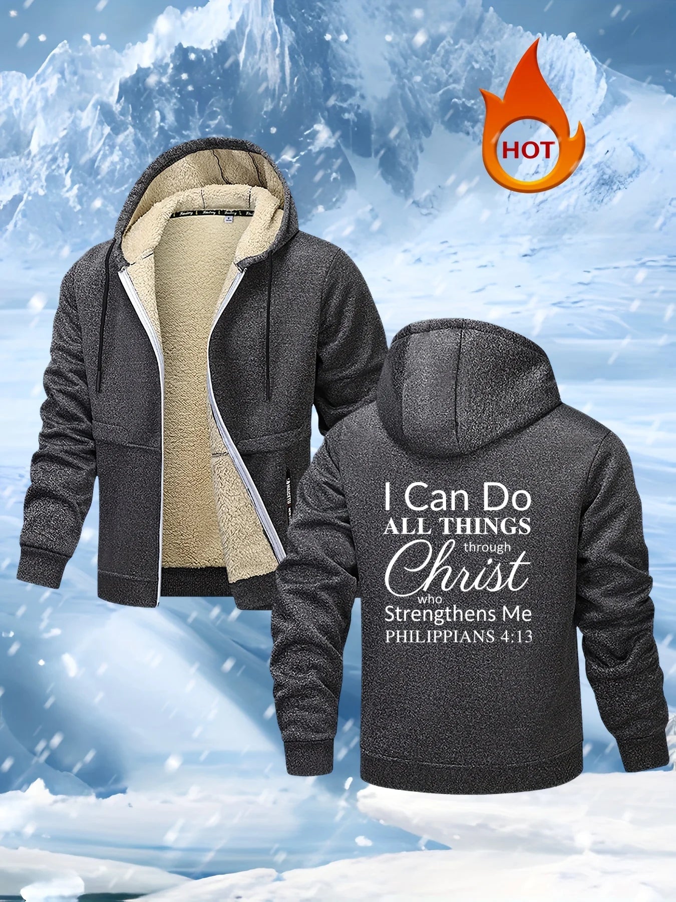 Men's Inspirational Fleece-Lined Hooded Sweatshirt Jacket Casual Polyester Knit Fabric Fit With Printed Motivational Quote