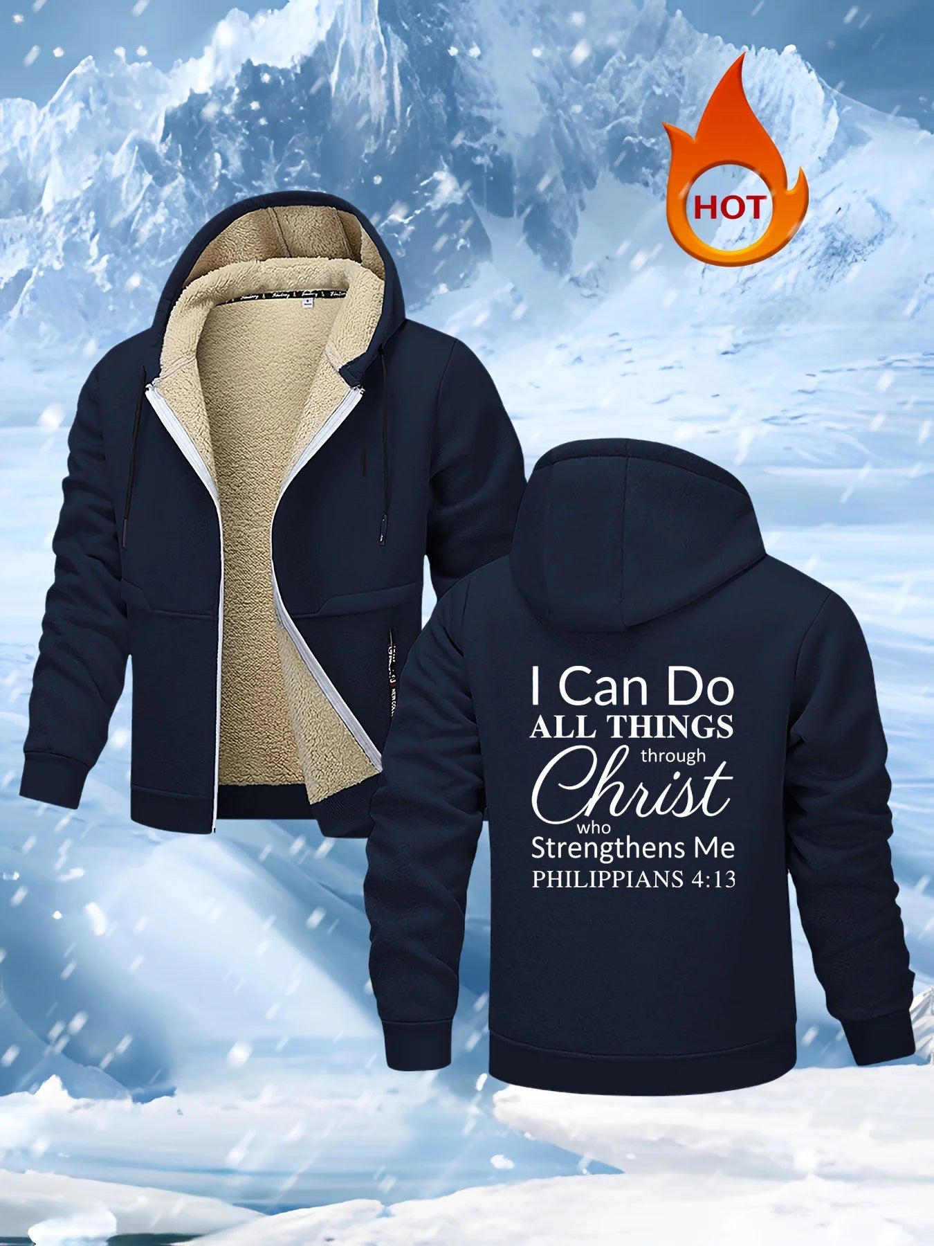 Men's Inspirational Fleece-Lined Hooded Sweatshirt Jacket Casual Polyester Knit Fabric Fit With Printed Motivational Quote