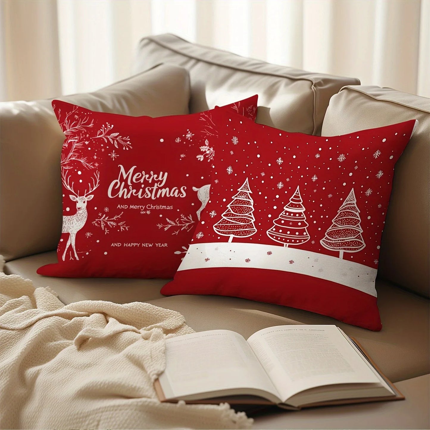 Red Christmas Pillowcases: Snowflakes, Merry Christmas, Deer & Trees - Festive Decor Sofa bed cushion cover,home decoration