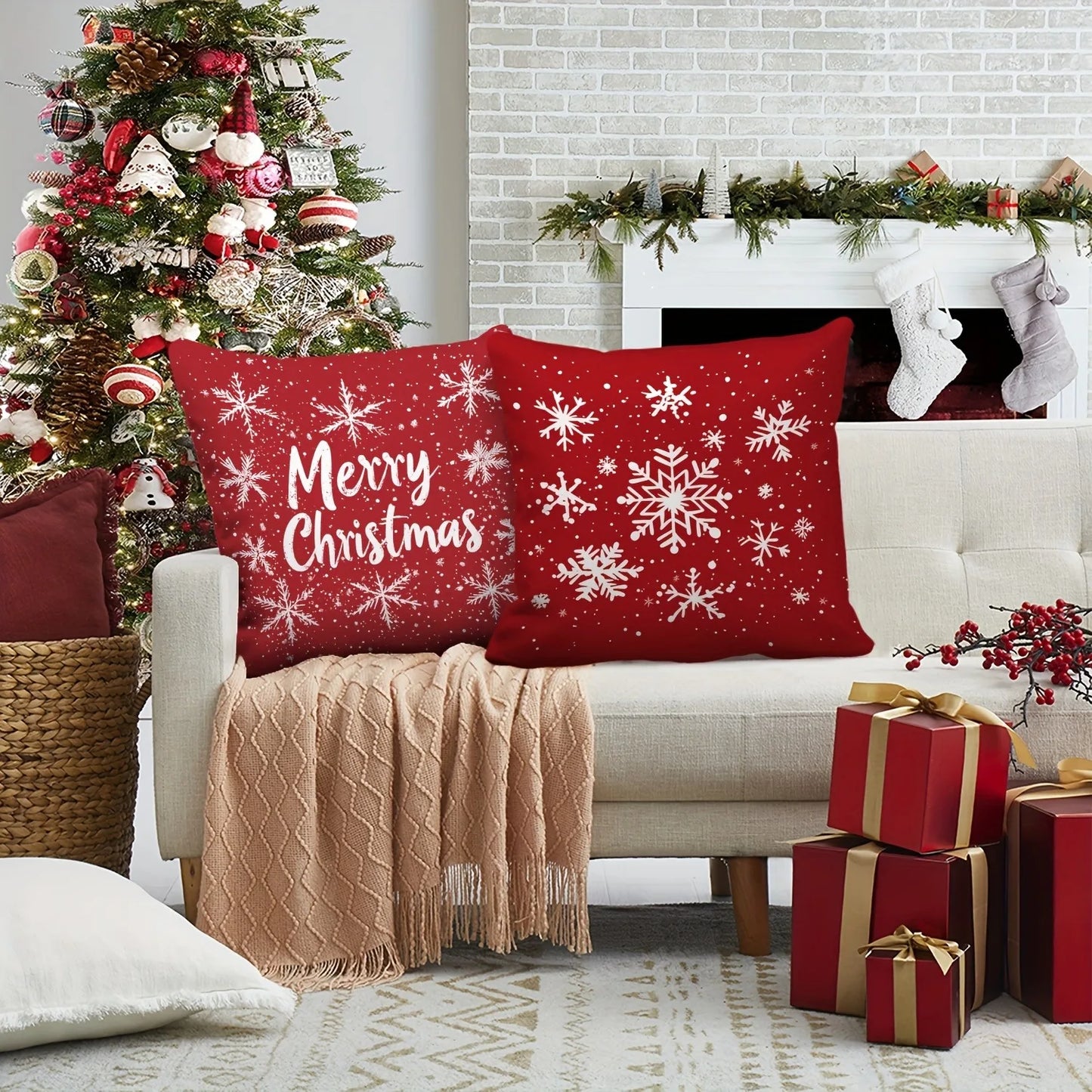 Red Christmas Pillowcases: Snowflakes, Merry Christmas, Deer & Trees - Festive Decor Sofa bed cushion cover,home decoration