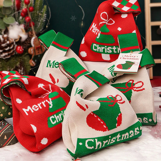 Christmas Knitted Handbags Cartoon Candy Bag Lightweight Gift Tote Bags Fashionable Knitted Pouch Xmas New Year Party Gift Bags