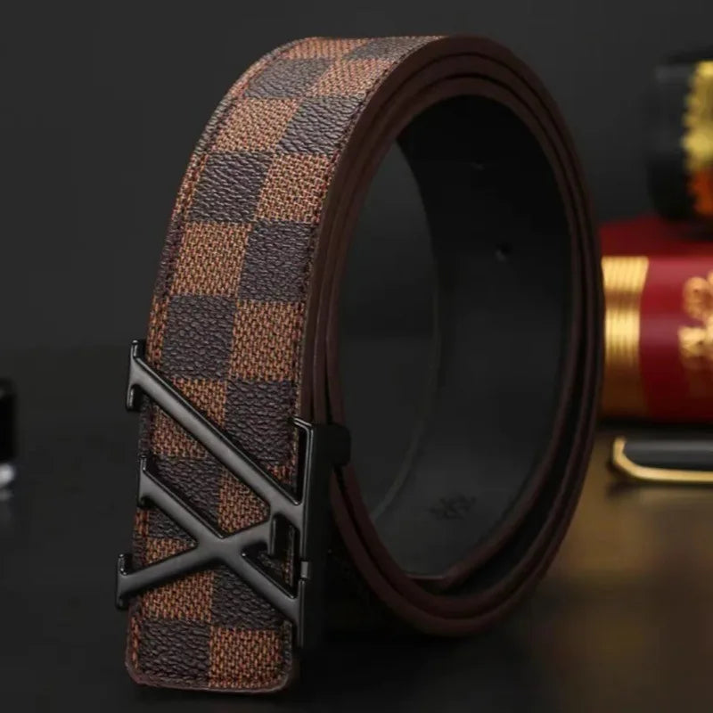 Luxury Textured Men's Belt, Genuine Cowhide with Checkerboard Pattern, Sophisticated Design for Business & Casual Wear