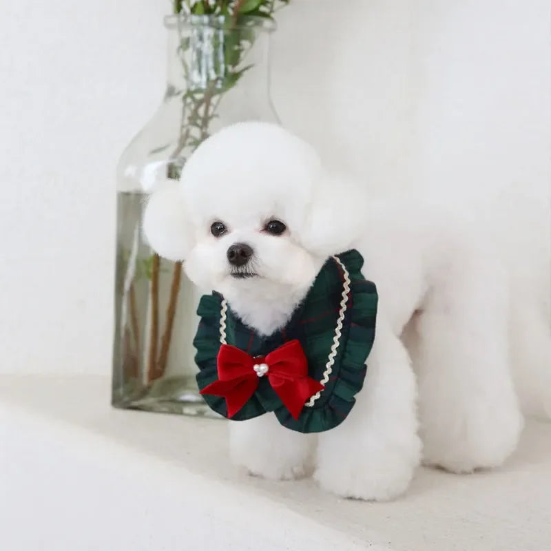 Pet Dog Cat Plaid Ruffled Bow Pearl Scarf Cute and Sweet Saliva Towel Dog Christmas Bow Pet Dog Accessories for Small Dogs