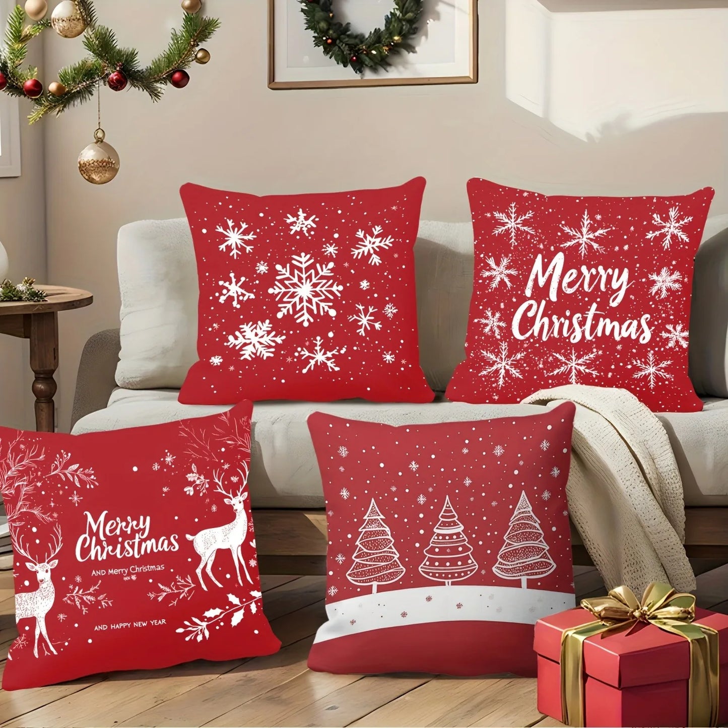 Red Christmas Pillowcases: Snowflakes, Merry Christmas, Deer & Trees - Festive Decor Sofa bed cushion cover,home decoration