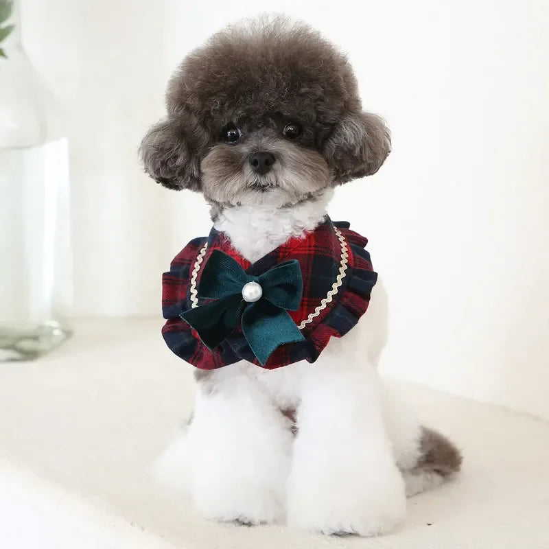 Pet Dog Cat Plaid Ruffled Bow Pearl Scarf Cute and Sweet Saliva Towel Dog Christmas Bow Pet Dog Accessories for Small Dogs