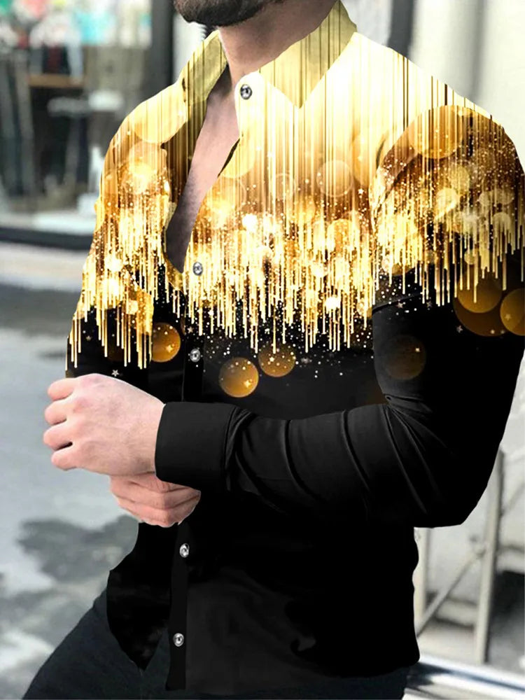 Hawaiian Shirts Luxury Golden Graphic Shirts Men Fashion Shirt Long Sleeve Cuba Lapel Beach Blouse Men Clothing Turn Over