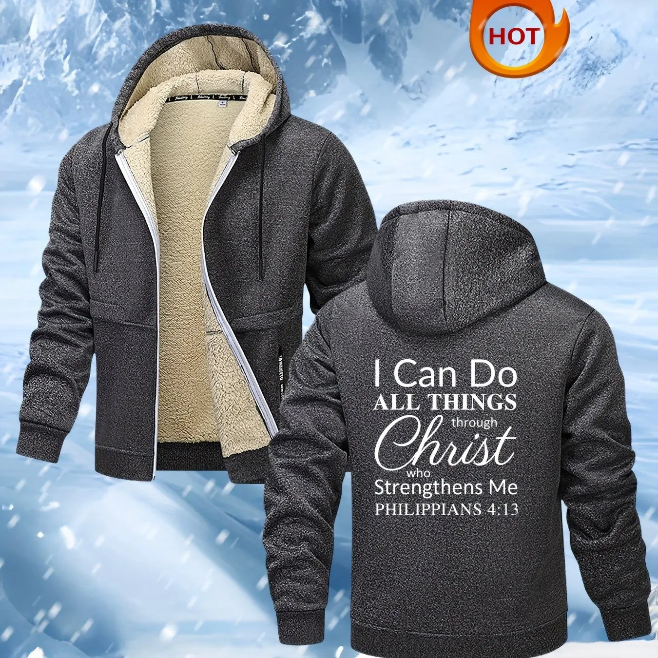 Men's Inspirational Fleece-Lined Hooded Sweatshirt Jacket Casual Polyester Knit Fabric Fit With Printed Motivational Quote