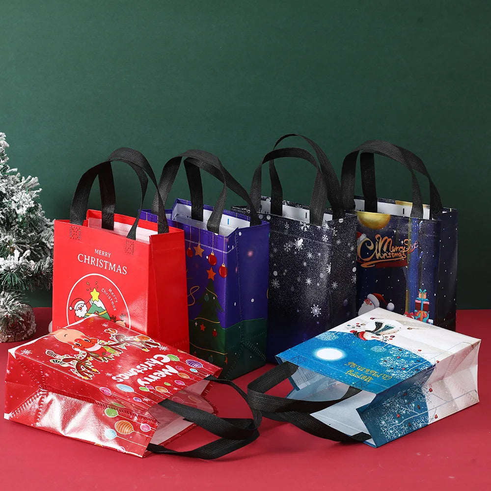 2025 Christmas Gift Bags Small Tote Bags with Handles Reusable Shopping Bags have Santa Claus Socks Treat Bag