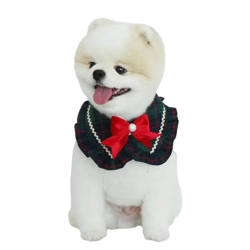 Pet Dog Cat Plaid Ruffled Bow Pearl Scarf Cute and Sweet Saliva Towel Dog Christmas Bow Pet Dog Accessories for Small Dogs