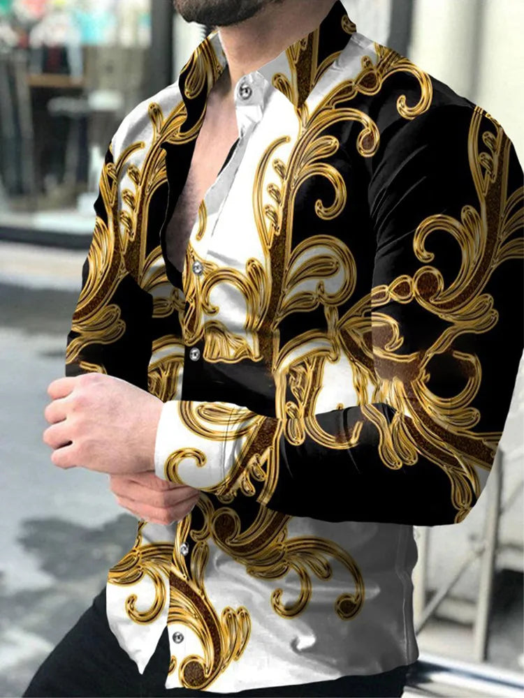 Hawaiian Shirts Luxury Golden Graphic Shirts Men Fashion Shirt Long Sleeve Cuba Lapel Beach Blouse Men Clothing Turn Over
