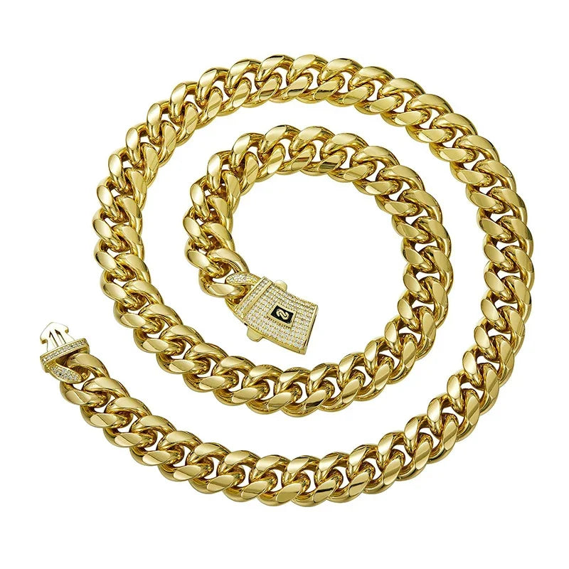 Cuban Miami Chains Necklaces CZ Zircon 6-14mm Gold Silver Color Stainless Steel Box Lock Link Chain for Men Hip Hop Rock jewelry